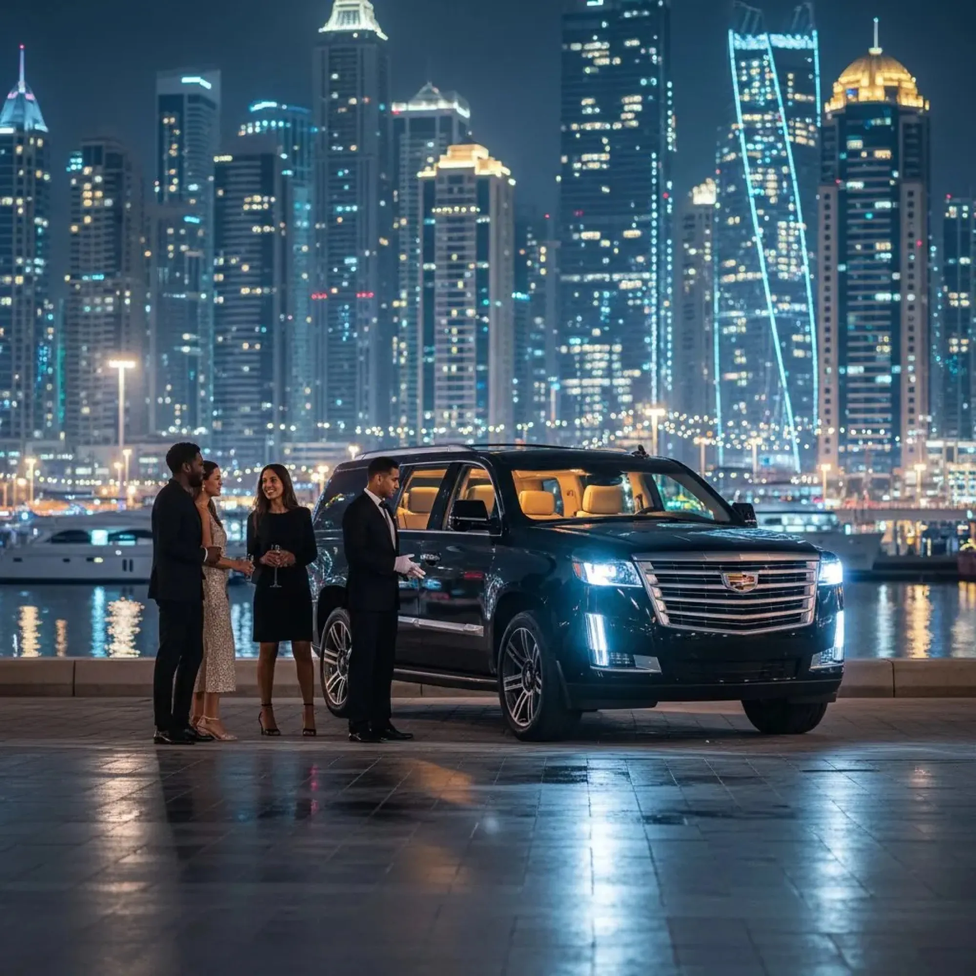 Chauffeur-driven SUV at night on the Dubai waterfront