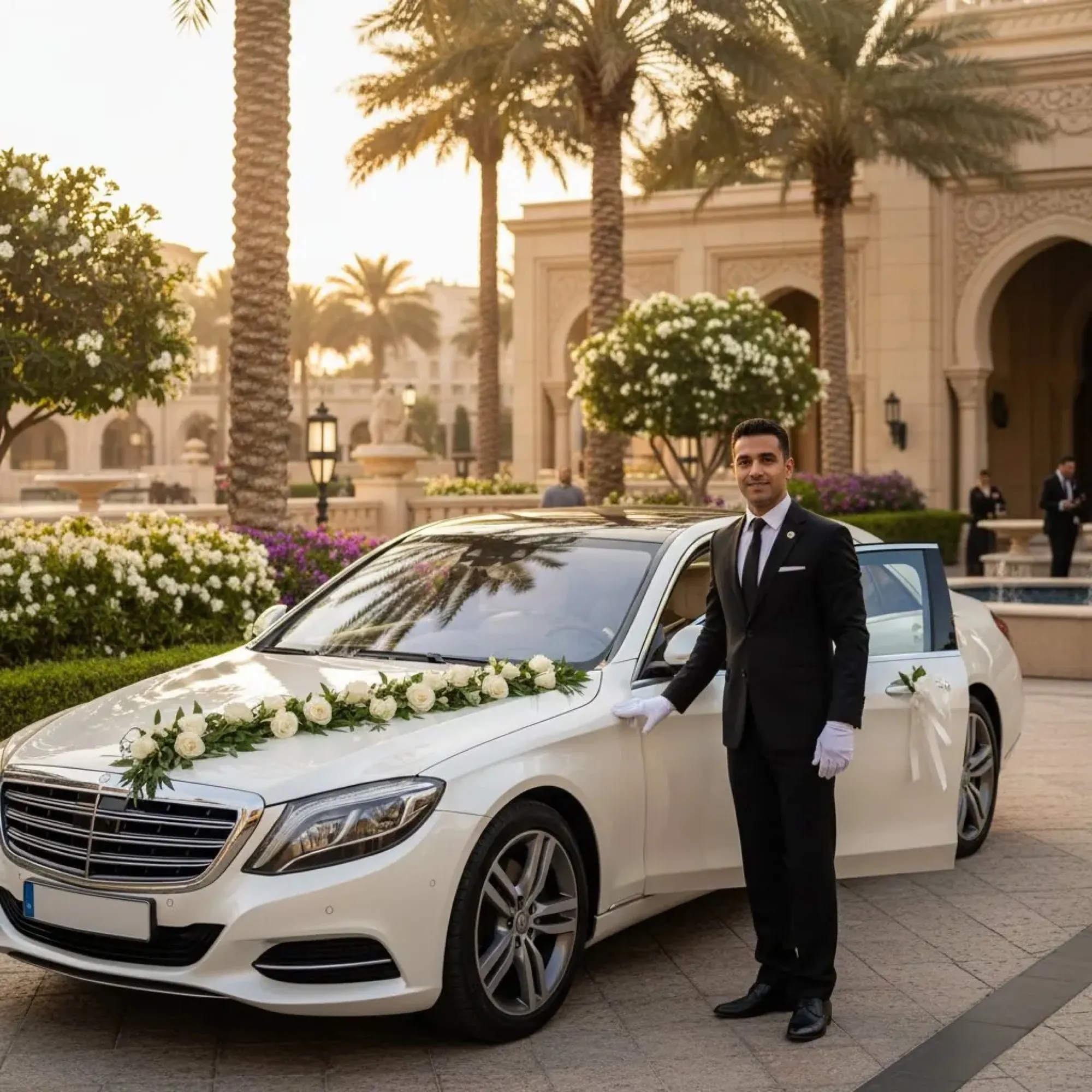 Wedding car dressed with flowers and its chauffeur