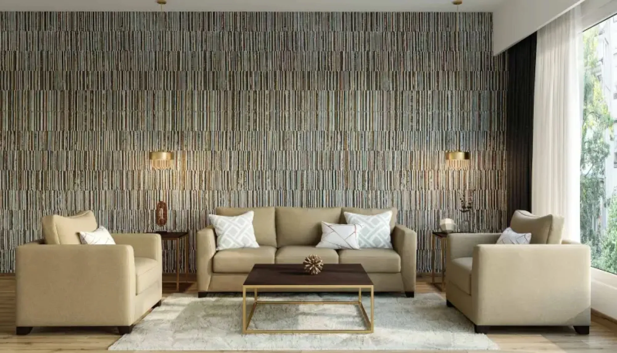 Living room with patterned wallpaper