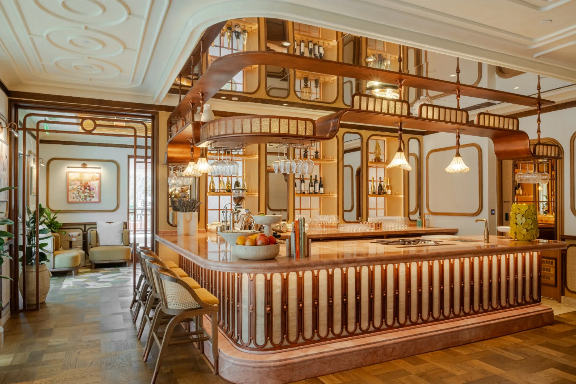 The brasserie bar with arched shelving