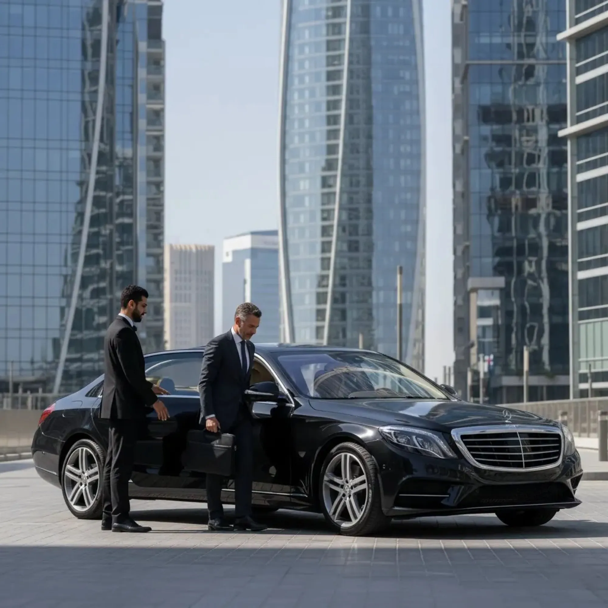 Chauffeur and passenger beside a sedan in Downtown Dubai