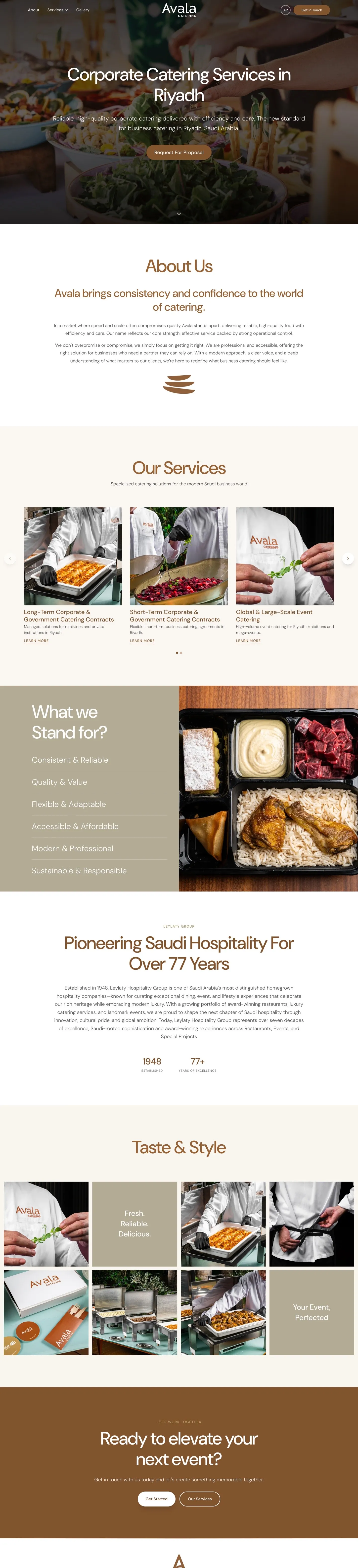The Avala Catering website, top to bottom