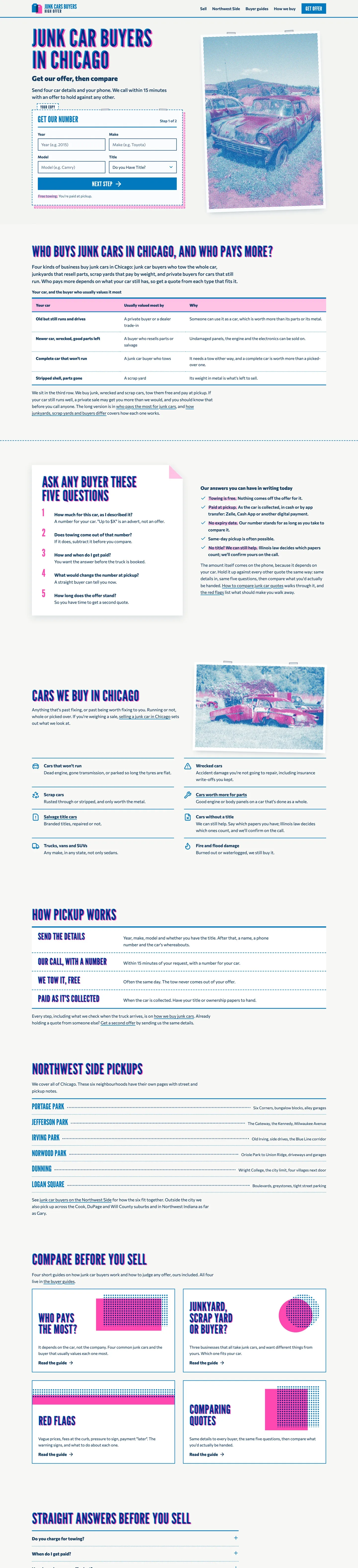 The Junk Cars Buyers website, top to bottom