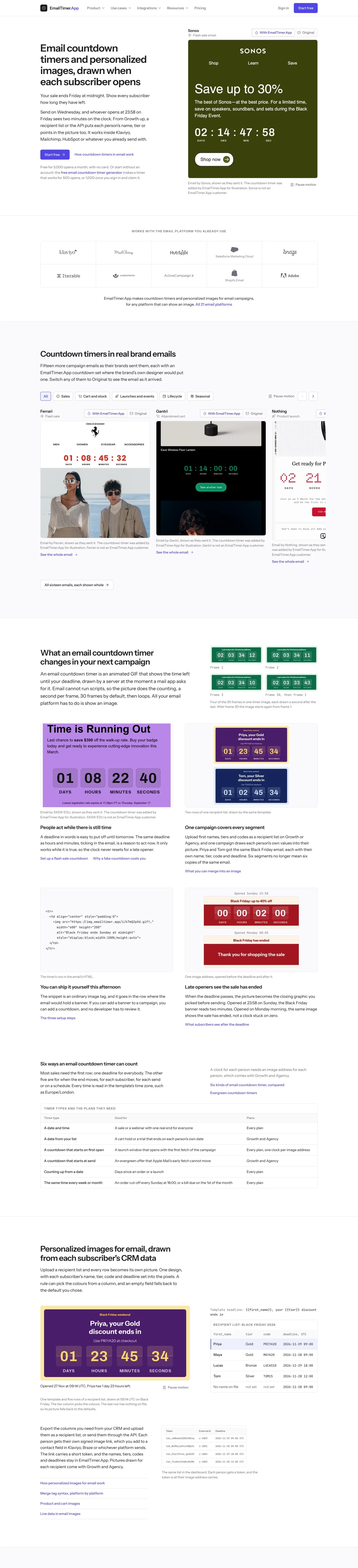 The EmailTimer website, top to bottom