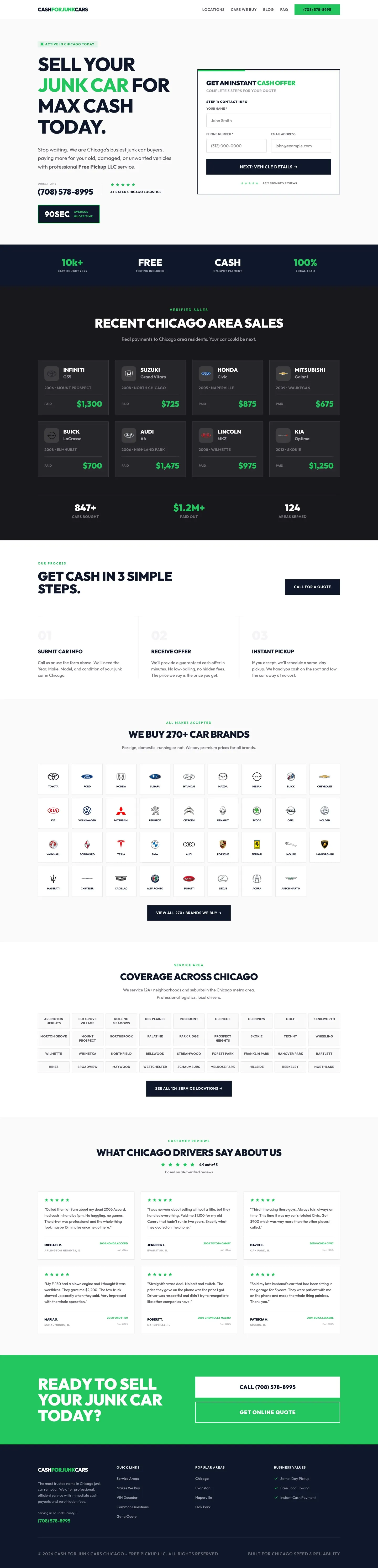 The Cash for Junk Cars Chicago website, top to bottom
