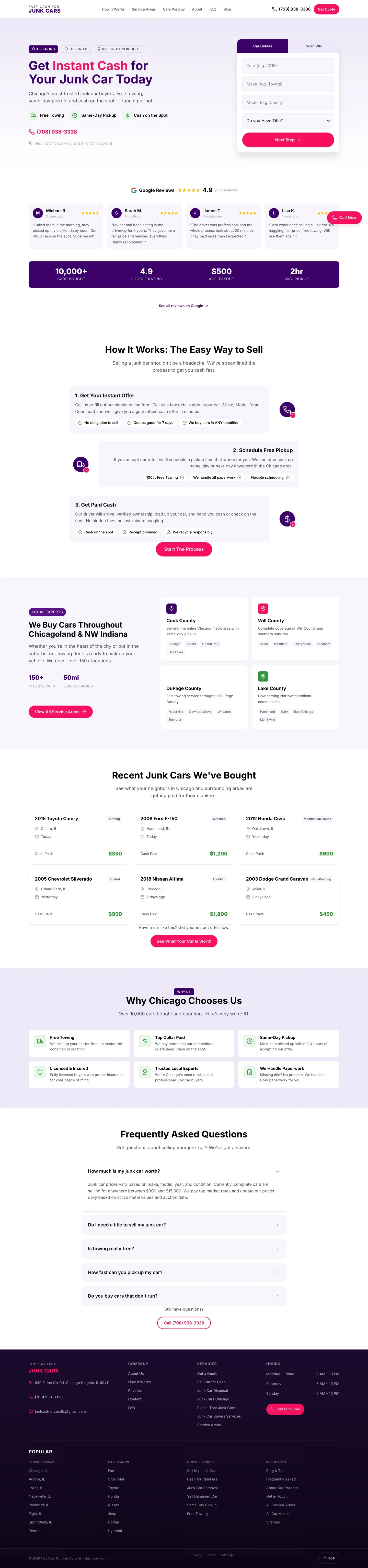 The junkcars.cash website, top to bottom