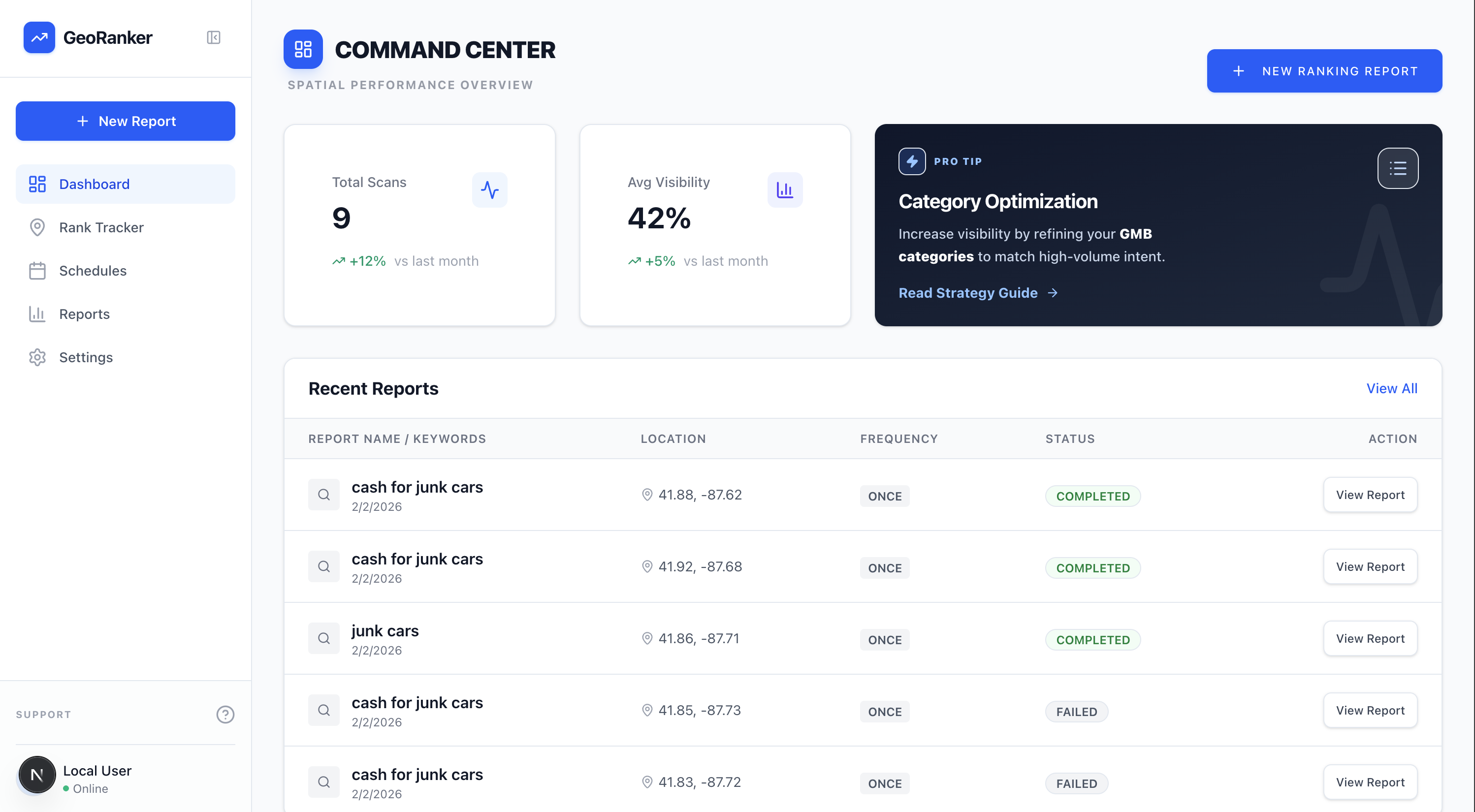 GeoRanker Dashboard Interface